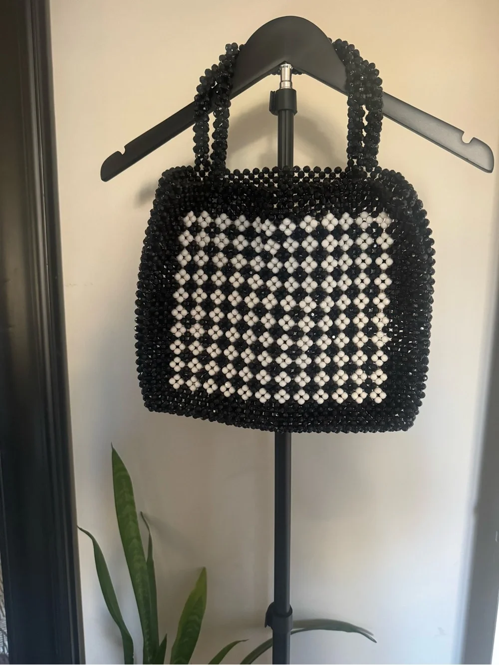 Trouve Black and White Beaded Checker Shoulder Bag
